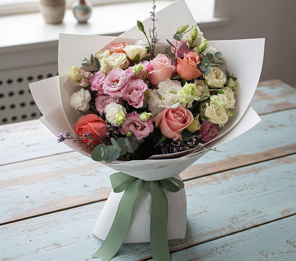 Букет цветов из: Розы, Лизиантусы и Гвоздики в Голышманово