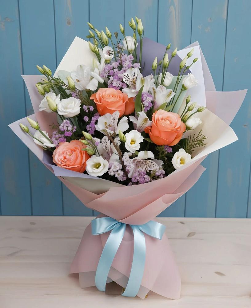 Букет цветов из: Лизиантусы, Розы, Альстромерии и Гипсофила в Голышманово